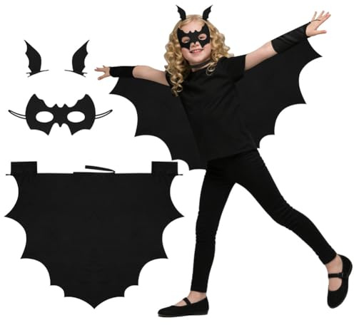 DiULi Costume de chauve-souris pour enfants avec cape, masque et pinces à cheveux – Tenue hypoallergénique 4 pièces pour enfants de 4 à 12 ans – Déguisement d'Halloween pour garçons et filles – Taille