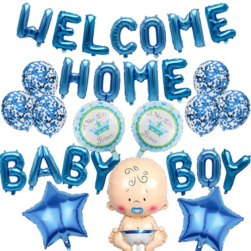 Willkommen Zuhause Baby Deko Blau - 29 Stück Deko für Junge Babyparty | Willkommen Deko mit Ballons Banner Girlande für Baby Junge Babyparty und Shower