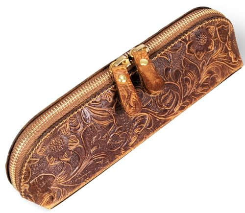 Gexmil Echtleder Federmäppchen, Handgefertigte Büro-Stifttasche | Federtasche für Büro & Beruf,Echtes Vollrindleder,Vintage Stil,Blume Braun