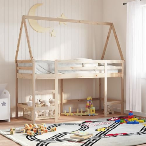 HaoChrymec Hochbett mit Leiter und Dach aus Massivholz Kiefer, Rausfallschutz, Platzsparendes Design, hochbett Kinder, etagenbett 2 Kinder, Für Kinderzimmer, 80x200 cm