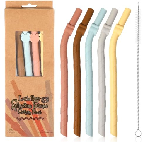 Shimmeroo 5Pcs Reusable Straws with 1 Cleaning Brush | 19cm Long 5mm Wide Bendy Silicone Straws, Premium Soft Flexible Straw for Bubble Tea Beverage Juice | Eco-Conscious