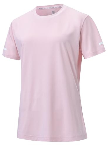 Tyhengta Damen Leichtes Sportshirt Schnell Trocknend Kurzarm Rundhals für Laufen Fitness Training mit Reflektierenden Streifen und UPF50+ Sonnenschutz Rosa S
