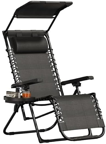 Yaheetech Liegestuhl Klappbar mit Sonnendach, Verstellbar 90-160° | Sonnenliege mit Getränkehalter & Nackenkissen, für Garten,Camping & Balkon, Dunkelgrau