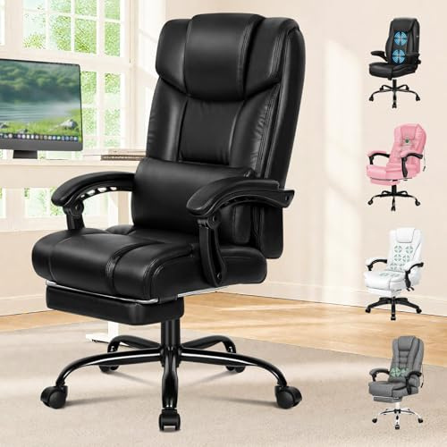 ELFORDSON Executive Office Chair with Lumbar Support for Home Office, Ergonomic PC Gaming Chair with Footrest Armrests, High Back 150° Reclining Computer Chairs, 180KG Capacity, PU Leather, Black