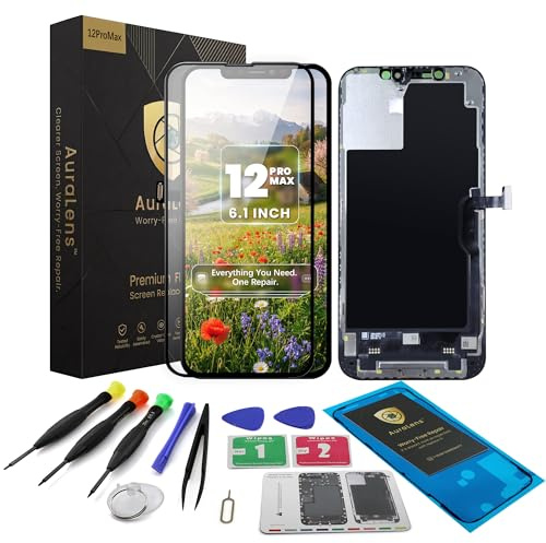 AuraLens for iPhone 12 Pro Max Screen Replacement Kit LCD Display Assembly | A2342 A2410 A2411 A2412, FHD INCELL Display Digitizer 6.7 Inch, COF, Repair Tools, Waterproof Adhesive, Magnetic Screw Pad