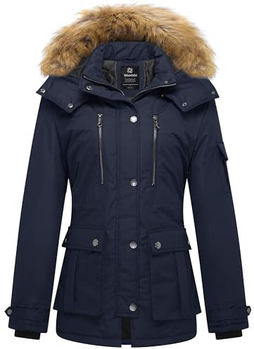 Wantdo Femme Veste Chaude à Capuche d'hiver Manteau en Polaire Sherpa Epaissie Parka Coupe-Vent Manteau d'Extérieur Mi-Long Décontracté Bleu Marine S