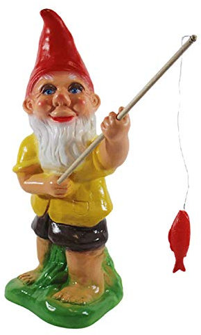 Gartenzwerg Deko Garten Figur Zwerg Angler mit Angel und Fisch stehend aus Kunststoff Höhe 35 cm