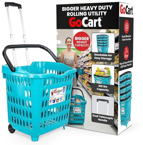dbest products Bigger GoCart Grocery Cart Rolling Shopping Laundry Basket on Wheels Hamper with Telescopic Handle Cleaning Caddy Trolley, 1 pack, Teal