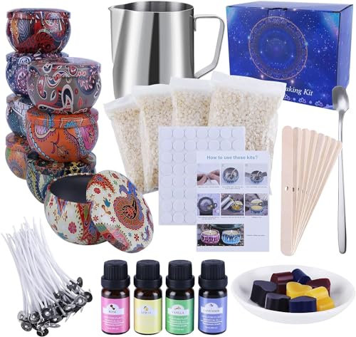 Feixia Kerzenherstellung DIY Kit Geschenkset, Bienenwachs, 50 Wachs Dochte mit Unterlage, 8 DIY Kerzen Blechdosen, 123 Sätze Duftkerzen (diy-1) (DIY-2)
