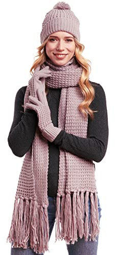 Hilltop Winterset 3-Teilig aus Strickschal, Strickmütze und Handschuhen, XXL-Schal mit Fransen, Winter-Schal, Damen Schal mit passender Mütze, Bommelmütze, Winter Set:Mauve
