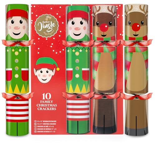 Christmas Jingle Family Christmas Crackers | 10 x 12 Elf & Reindeer Crackers with Hat, Joke & Gift | Fun Festive Table Decoration for Kids & Adults | Eco-Friendly Christmas Party Crackers