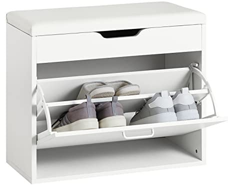 SoBuy Shoe Storage Bench Shoe Rack with Folding Padded Seat and Flip-Drawer - Ideal for Hallway Entryway - Compact Design, Hidden Storage, White, 60x30x50cm, 120kg Capacity - FSR95-W