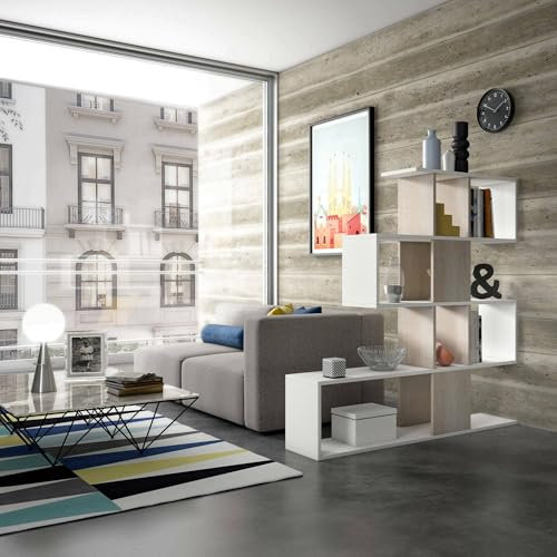 Dmora - Bücherregal Hoya, doppelseitige Bibliothek mit 5 Regalen, Zickzack-Regal für Bücher, Wandschrank mit Regalen, 100 % Made in Italy, 145 x 29 x 145 cm, Weiß und Eiche