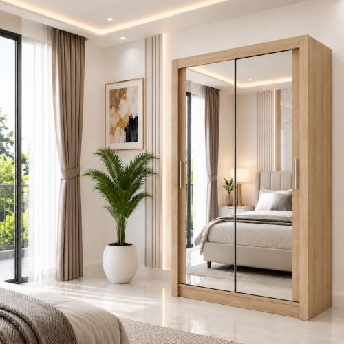 IE INTERIOR EMPORIUM Milan Full Mirror Double Sliding Door Wardrobe (or three in the 250cm size) With Shelves, Hanging Rails and LED Light in 6 Sizes & 4 Colors (100cm, Oak/Sonoma)