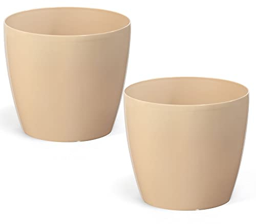 PECZEKO Glänzende Blumentöpfe - Deko Pflanztopf für Blumen & Kräuter - Langlebige & leichte runde Kunststoff-Pflanzentöpfe für Wohn- & Esszimmer, Küche, Balkon - 2er-Set - (Cappuccino, ø 18 cm)