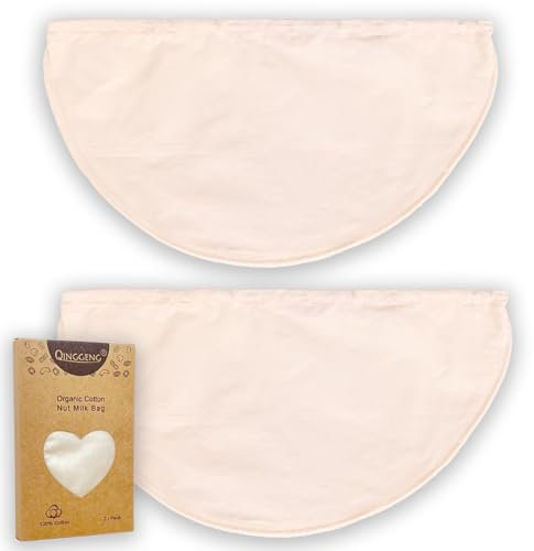 QINGGENG Pro Quality Nut Milk Bag Strainer 2 Pack, Organic Cotton Milk Bag Strainer Reusable, Cheese Cloths for Straining, Oat Nut Milk, Juice