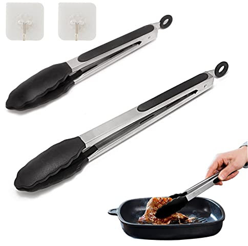 Set di 2 pinze da cucina resistenti al calore, Pinze de Barbecue Acciaio Inoxe Silicone di Alta qualità, Pinze da Cucina, Pinza Spaghetti, pinze per Insalata, pinze per Cibo, pinze per Barbecue(Nero)