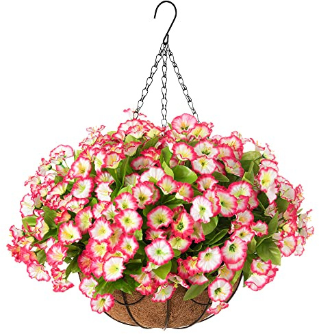 Ammyoo Künstliche Hängeblumen im Korb, künstliche Petunien, Blumenarrangement, 30.5 cm, Kokosnuss-Futterkorb mit morgendlichen Glorien, Veranda, Deck-Dekoration (rosa)