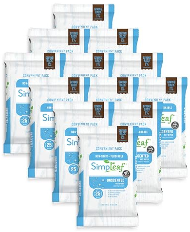Simpleaf Flushable Wet Wipes Unscented | Plastic Free, Paraben & Alcohol Free | Hypoallergenic & Safe for Sensitive Skin | Soothing Aloe Formula | Adult Toilet Wipes (12 x 50 Count Pack) 600 Count