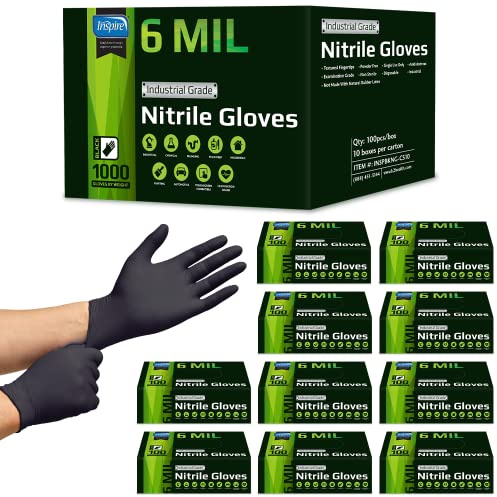 Inspire HEAVY DUTY 6Mil ORIGINAL Quality Stretch Nitrile Gloves Black Disposable Latex Free | Food, Industrial, Mechanic Tattoo (6Mil Black, XL)