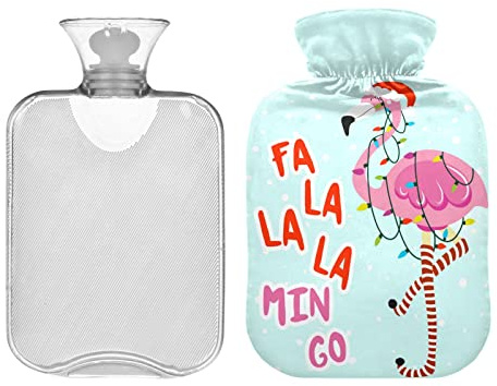 Niedliche Wärmflasche mit Flamingo-Mädchen, mit Bezug, transparent, Wärmflasche, 1 l Warmwasserflasche, für Nacken- und Schulterschmerzen, Linderung von Handfüßen, Wärme- und Kältetherapie