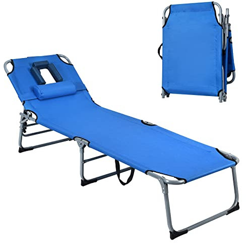 COSTWAY Lettino Prendisole Pieghevole, Sedia a Sdraio da Giardino con Foro per il Viso e Cuscini, Schienale Reclinabile, per Spiaggia Patio Piscina (blu)