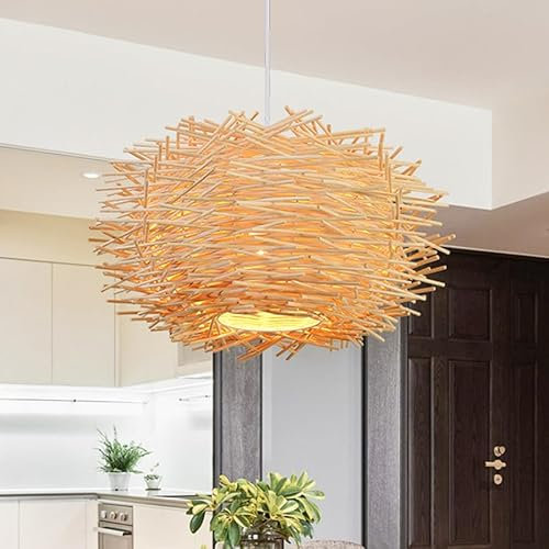 Comely Pendelleuchte Rattan, Boho Lampe Rattan Hängend Rustikal, Kreativer Kronleuchter in Vogelnestform, Geflochten Hängelampe Deckenlampe Rattan E27 für Schlafzimmer Wohnzimmer Esszimmer Flur Küche