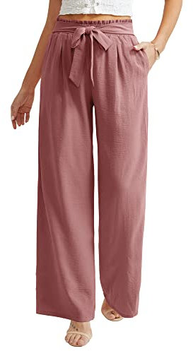 Ninee Damen Freizeithosen mit weitem Bein Hohe Taille Business Arbeit Locker Fließend Strand Palazzo Hosen(Dusky Pink,Large)