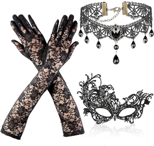 Maskerade Schmuckse Set, 3 Stück Halloween Damen Schmuck Set Schwarz, Spitzenhandschuhe, Spitzenmaske, Gotisch Choker Halskette, für Halloween Karneval Party Kostüm Cosplay
