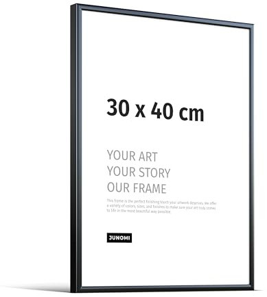 JUNOMI® Bilderrahmen 30x40 cm - Aluminium Metall Schwarz Matt - Schmaler Rahmen mit bruchsicherem Acrylglas - Moderner Posterrahmen für Fotos und Bilder im Hoch- & Querformat