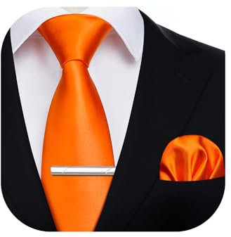 HISDERN Krawatte für Herren Orange - Krawatte mit Einstecktuch Krawattenklammer Hochzeit Einfarbig Seide Krawatten Set für Männer