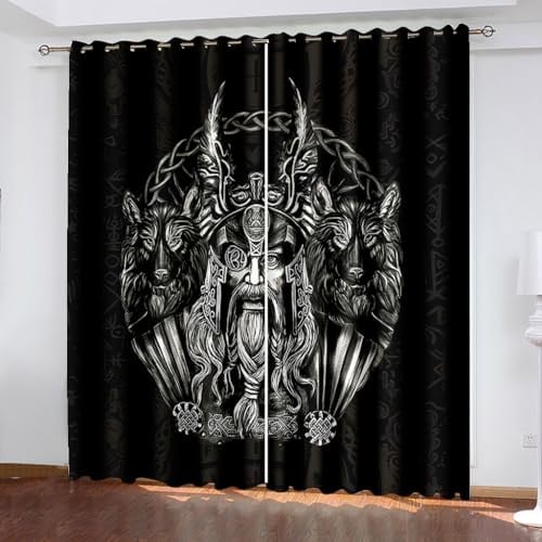 WIKINGER Gardinen mit ösen 2er Set B 110 X H 95 cm 3D Odin Vorhang Blickdicht Kälteschutz Schallschutz Verdunkelung Wärmeisolierende Vorhänge für Wohnzimmer Schlafzimmer