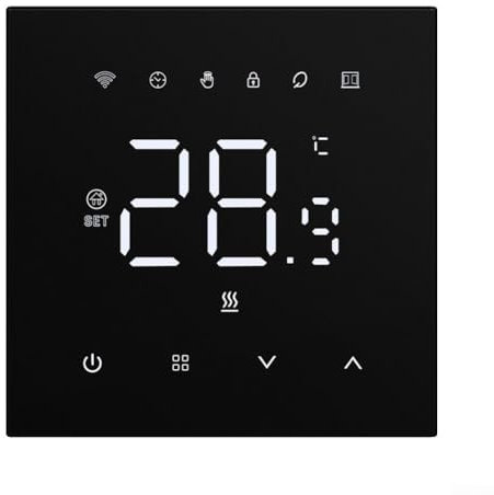 Zoegneer Alec Panel-Thermostat mit Anleitung (evtl. nicht in deutscher Sprache), WLAN-Smart-Thermostat, Sprachsteuerung, Thermostat mit Kindersicherung, 86 x 86 x 40 mm (schwarz, 16 A, elektrische