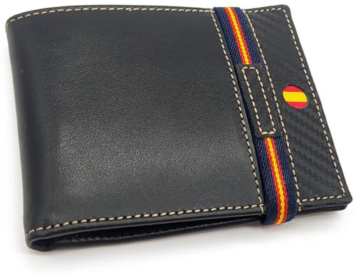 Hispapiel Cartera Hombre pequeña con Bandera de España. Billetera de Piel Negra Caballero, Tarjetero Monedero de Cuero auténtico. Made in Spain (Horizontal 2)