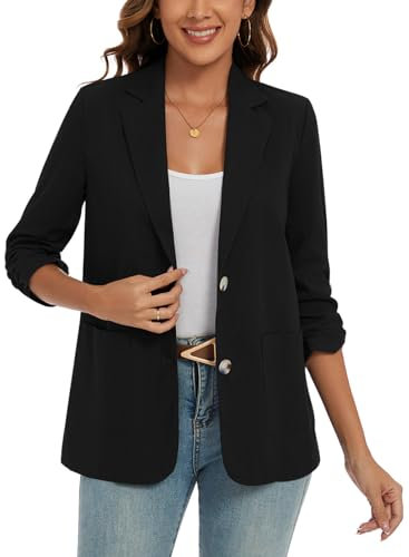 MINTLIMIT Black Blazer for Women Cotton Linen Jackets 3/4 Sleeve Blazers Light Weight (Black XL)