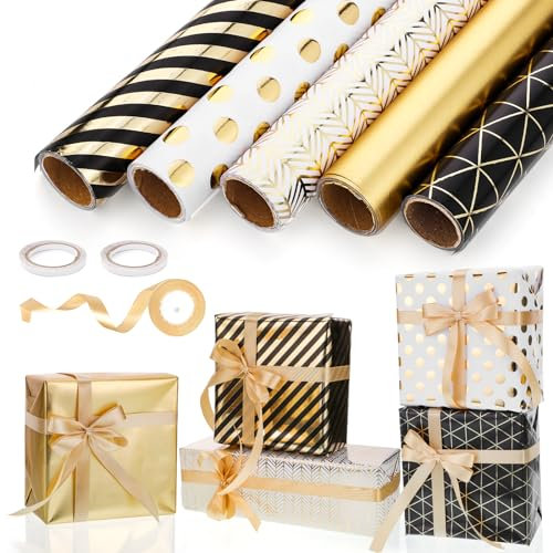 Papier Cadeau Set, 5 Rouleau Papier Cadeau avec Ruban Doré 43cm X 3m Papier Cadeau Anniversaire Noir Doré Papier Cadeau Rouleau pour Anniversaires d'Enfants, Mariages, Baby Showers, Noël