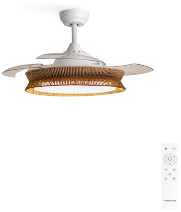 CREATE / WIND CLEAR/Ventilador de techo con luz blanco y mimbre trenzado con mando / 40W, Ø108 cm, temporizador, 6 velocidades, aspas retráctiles, 3 temperaturas de luz, función verano-invierno