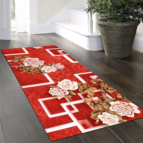Yinghesheng Tapis de Couloir Extra Long 40x120cm Rouge Tapis de Passage Rose Clair Motifs Fleurs Antidérapant et Lavable Tapis Long de Sol d'Entrée pour Couloir Passage Cuisine