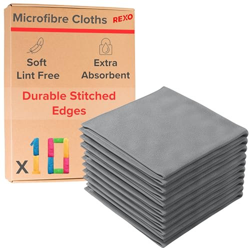 REXO - Microfibre Cleaning Cloth Pack of 10. Premium Lint Free Cleaning Cloths, Ultra Absorbent, Reusable & Durable Multipurpose Cloths for Kitchen, Car, Windows & More (Grey, 30x30cm)