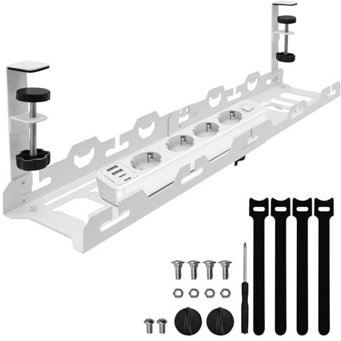 YTACREA Kabelkanal Schreibtisch Ohne Bohren, Einziehbarer 40-74cm Kabelmanagement Unter Schreibtisch, Metall Kabelkorb Cable Management Kabel Organizer, Weiß