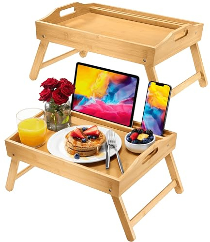 Lot de 2 plateaux de table de lit avec pieds pliants, support pour ordinateur portable et poignées – Plateau de petit-déjeuner en bambou pour manger, canapé, lit, plateaux alimentaires pour manger sur