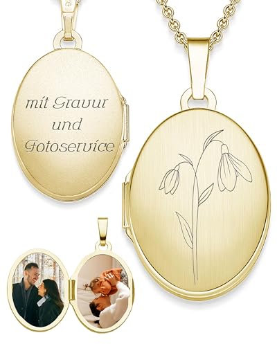 Medaillon Gold oval mit Geburtsblume Schneeglöckchen Geburtsmonat Januar | Foto Amulett Anhänger antik vintage | personalisierte Halskette Damen