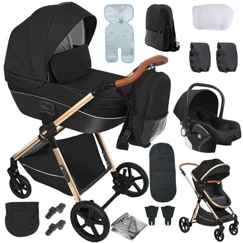 Doraystar Kinderwagen 4 in 1, Kombikinderwagen 4 in 1 mit Zwei Umkehrbaren Schiebemodi, Kinderwagen Komplettset mit Ein-Klick-Faltdesign, Rahmen Aluminiumlegierung (H2 Black)