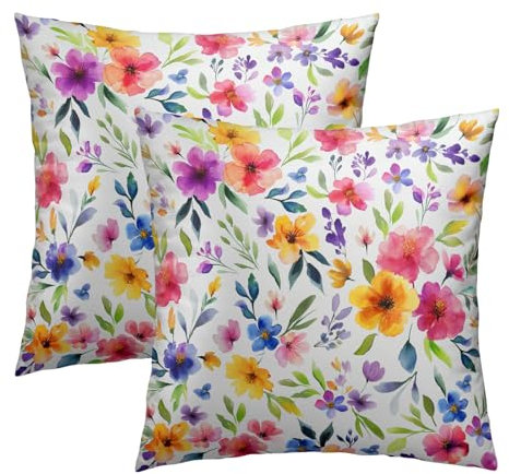 Confezione da 2 federe per cuscino con motivo floreale ad acquerello, 40,6 x 40,6 cm, quadrate, rosa e bianco, con fiori colorati, per feste di primavera, letto, divano, casa, auto, camera da letto
