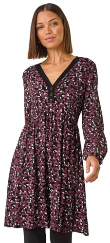 Roman Stretch Jersey Dress for Women UK - Ladies Gathered Waist A Line Swing Skater Fit & Flare A Line Winter Autumn Knee Length V-Neck Casual Smart Cocktail Party Going Out - Floral Wine - Size 10