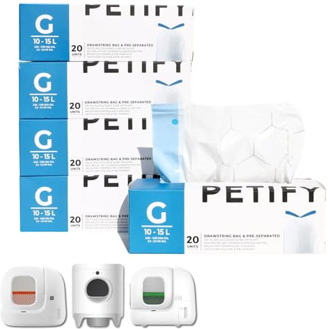 PETIFY Sac Poubelle pour Litière Automatique Chat - Compatible Petkit Pura Max 2, Pura X - Lot de 5 Rouleaux (100 Sacs Pré-Séparés) Résistantes avec Cordon Code du Sac G Éco Pack avec Dévidoir Intégré
