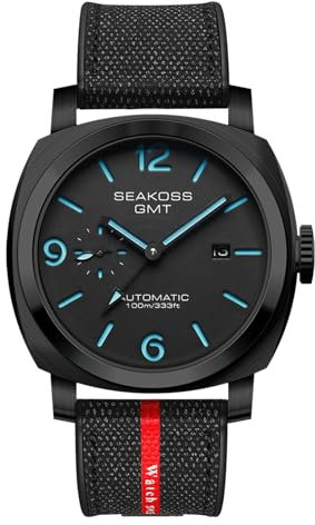 SEAKOSS GMT Uhren für Herren, automatisch, 45 mm, Datum, 10 ATM, wasserdicht, Möwe, ST2557, leuchtendes Edelstahl-Saphirglas, mechanische Armbanduhr, S8441, Schwarz-Schwarz-Blau