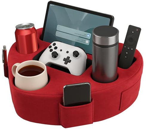 CozyGrip Heart-Shaped Couch Caddy Cup Holder Pillow, Sofa Organizer, Bed Refreshment Tray for Drinks, Game Console, iPad/Tablet, Tumbler/Bottle, Remote Control, Phones, Snacks, Romantic Gift (Red)