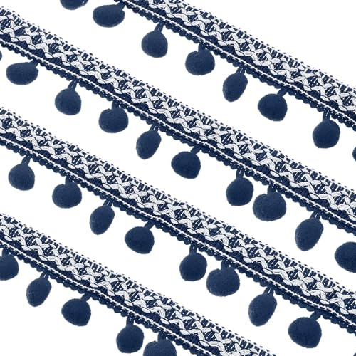 sourcing map Besticktes Pompon-Bordüre, 20 Meter Polyester-Pom-Bordüre, Fransen, gewebte Stickerei-Bordüre für Heimwerker, Nähen, Basteln, Kleidung, Dekoration, Dunkelblau