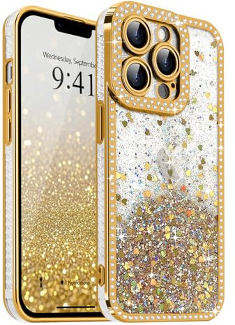 Ethanger for Sparkling Gradient Glitter Case for iPhone 13 Pro, Crystal Rhinestone Border Heart Back Cover for Girl Women Shockproof Soft TPU Cover for iPhone 13 Pro, Gold